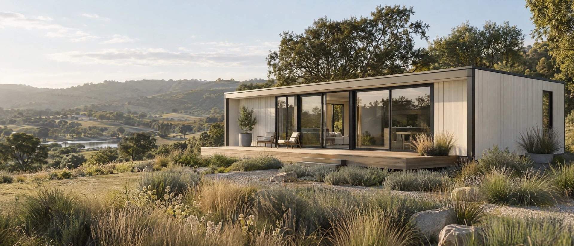 Original concept of an expanded modular home in a peaceful meadow