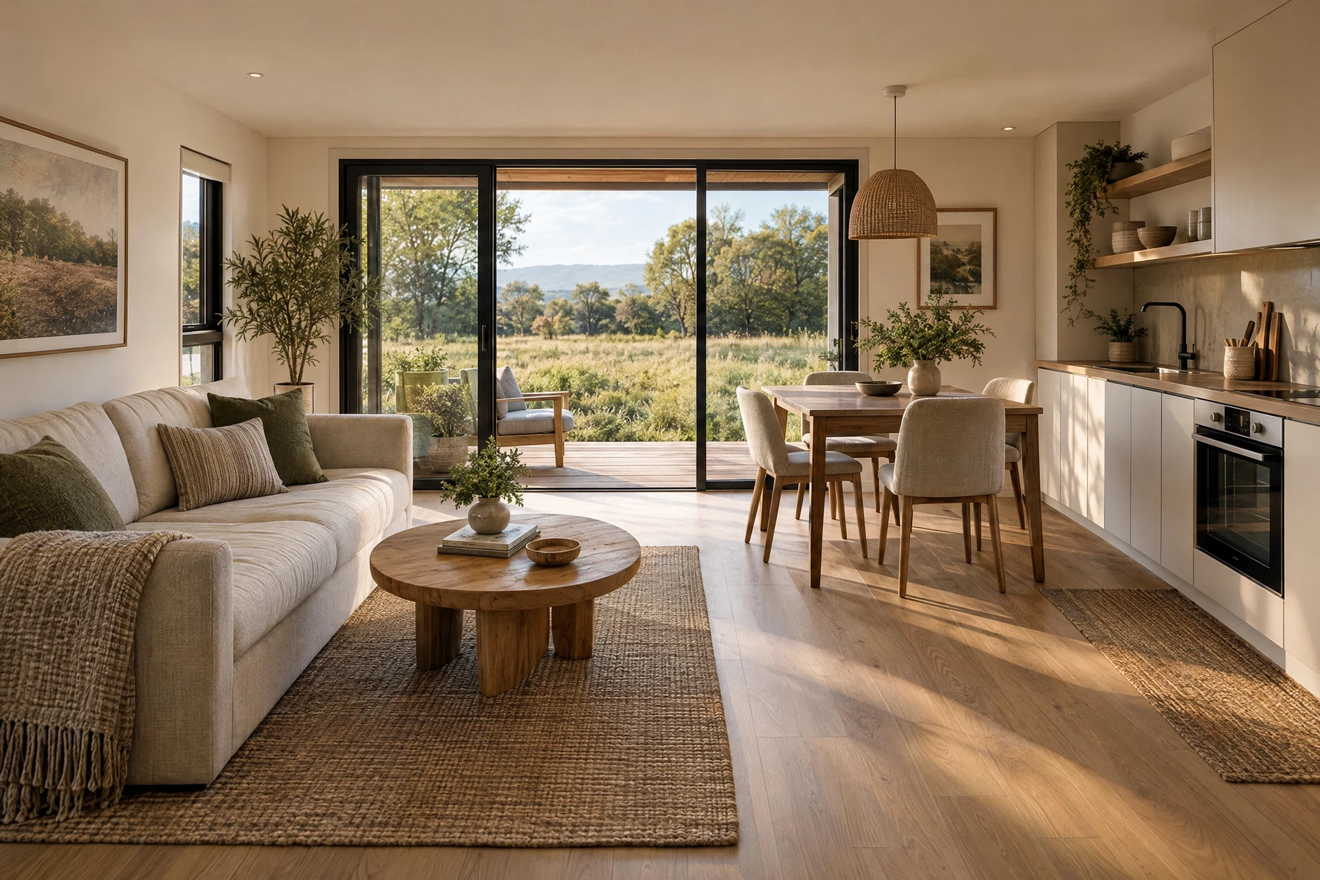 Light filled compact living area with warm neutral finishes